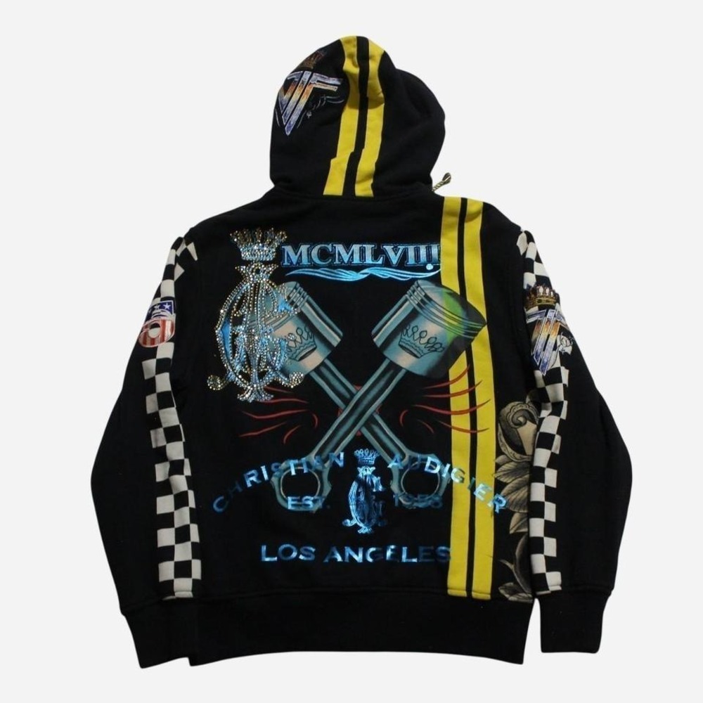 Mens Black VTG Y2K Christian Audigier AOP Rhinestone Zip-up Goth Grunge Hoodie - Picture 3 of 8